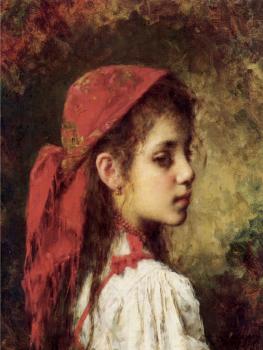 阿列尅謝 阿列維奇 哈拉莫夫 Portrait of a Young Girl in a Red Kerchief